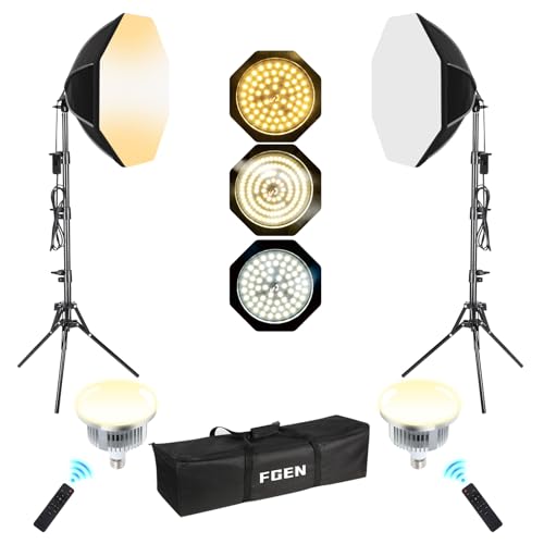 LED Softbox Octagonal 3000-6500K, Light Box with 3 Color Modes Adjust with Remote Control, 2 x 50 cm Lights for Photography with Folding Stand of 1.5 m, Studio Photography and Interviews