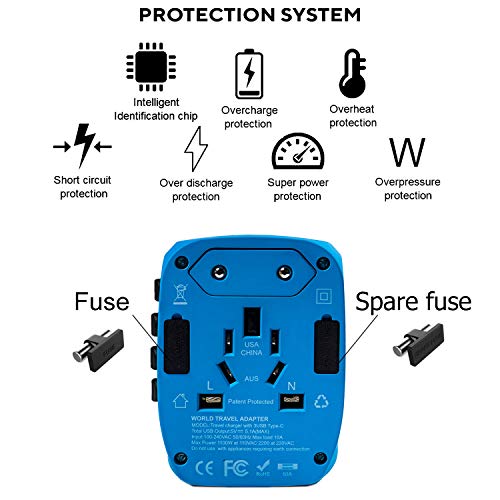 International Charger, 2400W High Power Travel Plug Adapter - Unidapt 3-USB Charging Ports & Type C - Power Adapters Covers over 170 Countries +Pouch, For Blow Dryer, Hair Dryer, Cooker, Curling Iron