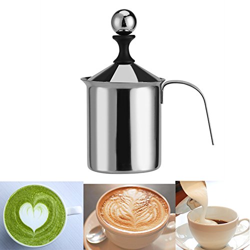 Manual Milk Frother, Delaman Stainless Steel Hand Pump Handheld Frothing Pitchers Operated Foam Maker for Cappuccion Coffee Foamer Creamer Latte (400ML)