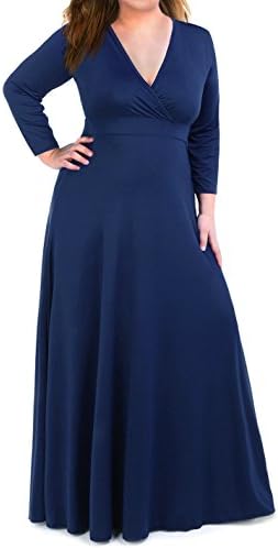 Moonlisa Plus Size Maxi Dress For Women With 3/4 Sleeves Deep V Neck Solid Color Wedding Evening Party Dress (XX-Large, Blue)