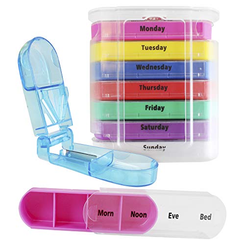 Vive 4 Times a Day Pill Organizer - Weekly Supplement & Medicine Holder - AM PM Dispenser Case with Splitter Cutter - Portable Daily Vitamin Container - Slim 7 Day Travel Calendar