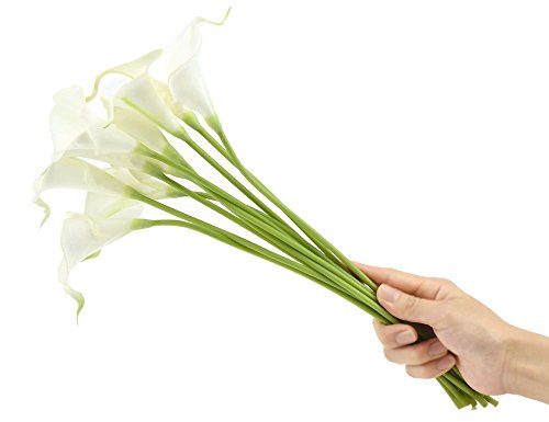 FiveSeasonStuff 10 Stems of Real Touch Calla Lillies (Latex) Artificial Flower Bouquet, Perfect for Wedding, Bridal, Party, Home Office Décor DIY (White & Green Spathe) - Thumbnail 4