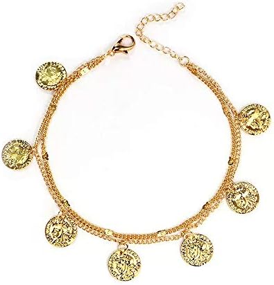 Gold Plated Dainty Boho Beach Cute Ankle Bracelet Adjustable Wafer Layered Dangle Coins Foot Chain for Women Dangle Coins Foot Chain for Women