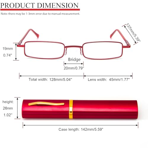 REAVEE 4 Pack Slim Pen Reading Glasses for Women Stylish Small Metal Tube Readers Spring Hinge with Portable Clip Case, Red Gold Pink Blue 2.5
