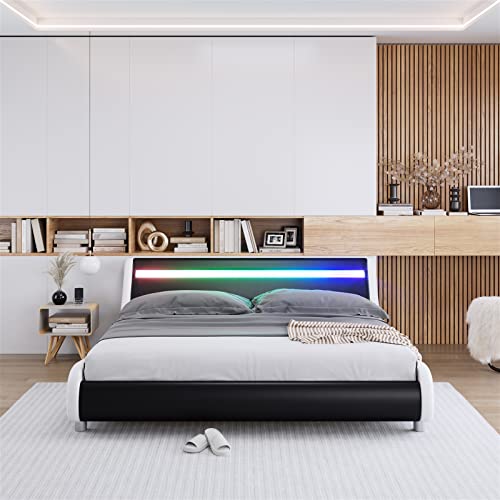 Deluxe Faux Leather Upholstered Platform Bed Frame with LED Headboard
