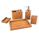 Sansnow Bamboo Bathroom Accessory Set with Soap Dispenser, Cotton Ball Box, Toothbrush Holder, Toothpaste Holder, Soap Dish, Towel Tray Bathroom Set for Home, Hotel, Classic 6 Pcs Bath and Vanity