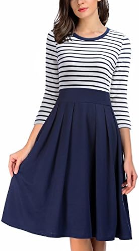 AAMILIFE Women's Vintage Stripes 3/4 Sleeve Casual Office Fit Swing Dress Navyblue XXL