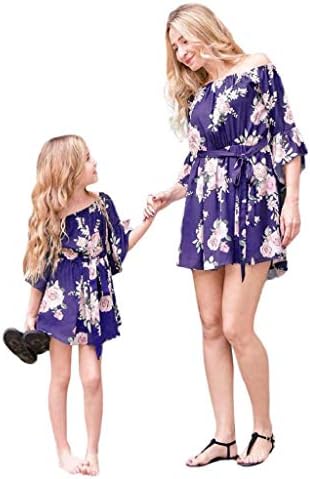 Judesuper Dress+Belt for Mommy ๏ผMe Women Floral Print Off Shoulder Family Casaul Clothes