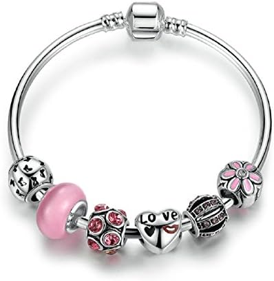 Pulseras De Mujer Pulseiras 2016 New Arrival Silver Plated Pink Beads Heart Bangles &amp; Bracelets for Women De Mujer Para Damas