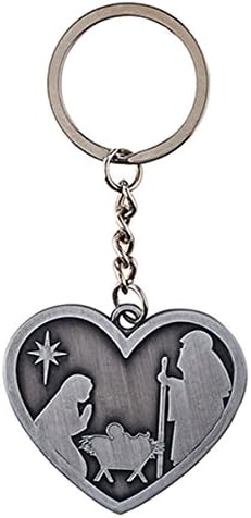 Silver Toned Heart Shaped Nativity Medal Keychain, 3 3/4 Inch