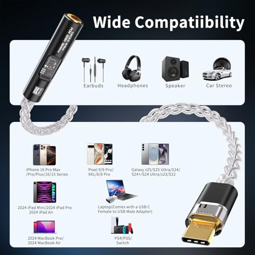 USB C to 3.5mm Audio Adapter with Dual Chip CX31993 MAX97220 DAC & HiFi Amplifier, 8-Strand 4N Single Crystal Silver-Plated Copper Cable,USBC to Headphones Aux Dongle for Android iPhone PC Mac (Black)