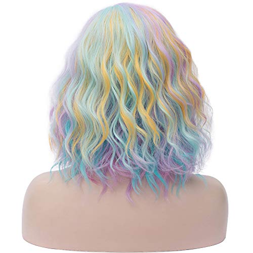 MAGQOO Rainbow Wig Side Part Short Curly Wavy Hair Wigs Synthetic Heat Resistant Cosplay Costume Party Wigs (Rainbow, Women Girls)