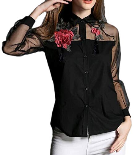ZXFHZS Women's Delicate Fringed Western Organza Long Sleeves Shirt Tops Black M