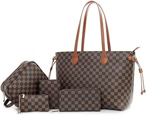 Handbags For Women And Fashion Checkered Tote Bag With Zippers And RFID Wallet And Passport Holder And MakeUp Bag Coin Change Purse With Key Ring 5 Set