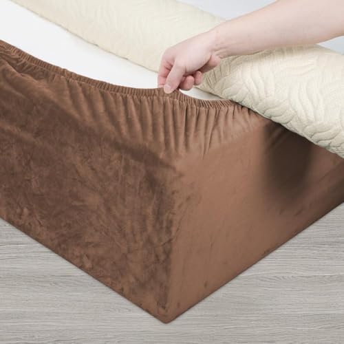 Dujuike Stretch Samt Boxspring Abdeckung Zum Umwickeln, Alternative Zum Traditionellen Volant Bettrock, Einfach Anzubringen (Braun, Twin Bed Width:120-137Cm)