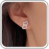 Aneneiceera Vintage Double Heart Stud Earrings Silver Hollow Heart Earrings Interlocking Love Heart Hoop Earring Tiny Heart Shape Earrings Jewelry for Women