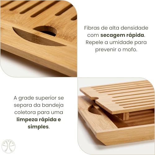 Tábua de Corte Bambu com Migalheira e Bandeja 4 em 1 | Bambu natural prensado, sulco coletor de migalhas, alças laterais, uso como fruteira ou suporte de panela, 36,8x22 cm