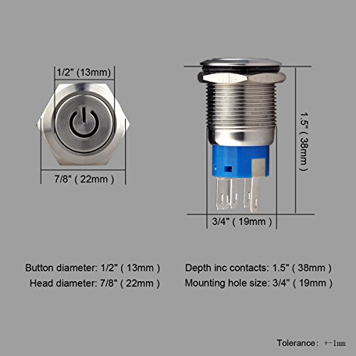 Ulincos Latching Pushbutton Switch U19C1 1NO1NC SPDT ON/OFF Silver Stainless Steel Shell with 12V Green LED Suitable for 19mm 3/4" Mounting Hole (Green)