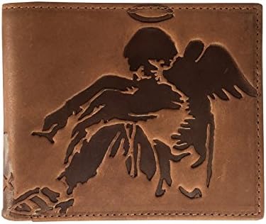 Men's Unique Banksy Balloon Girl Embossed Real Antique Leather Slim Bifold Wallet (Classic, Angel - Light Brown)