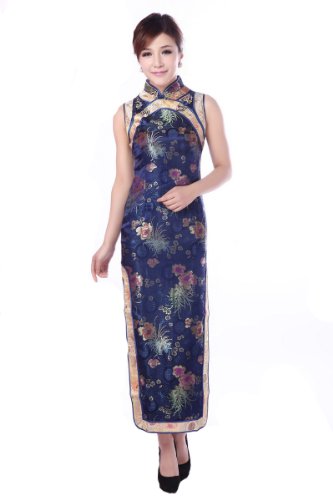 JTC Women's Chinese Blue Brocade Long Cheongsam Dress 1pc