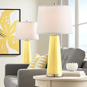 Leo Modern Table Lamps Set of 2 Daffodil Yellow Glass Tapered Column Plain White Drum Shade for Living Room Family Bedroom - Color + Plus