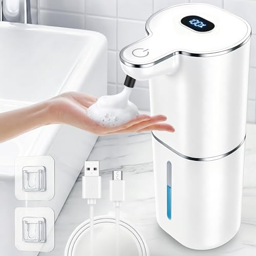 Kefflum Automatic Soap Dispenser, Electric Foam Dispenser with Digital Display, 6 Adjustable Levels, USB Rechargeable, Wall and Desktop, for Bathroom and Kitchen (380ml, White)