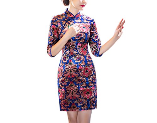 XueXian(TM) Women's Winter Velvet Stand Collar Chinese Cheongsam Qipao Short Dress 3/4 Sleeve