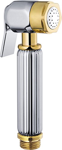 Stainless Steel Self-Cleaning High Pressure Handled Bidet Sprayer / Shataff Set with Flexible Hose and Holder and T-Valve (Chrome) (Chrome Gold Square)
