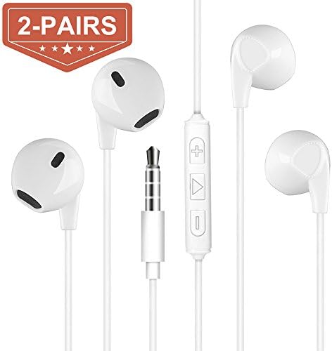Wired 3.5MM Earphone/Earbuds/Headphones with Remote and Microphone for Apple iPhone iPod iPad Samsung Galaxy S6 S7 S8 and Android Phones (WHITE-2 Pairs)