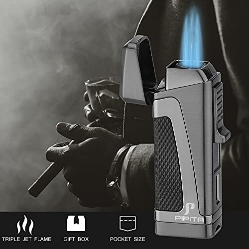 PIPITA Torch Lighter Windproof Triple Jet Flame Butane Cigar Lighter with Punch Cutter Adjustable Refillable Zinc Alloy Lighter (Butane Not Included) (Blue)