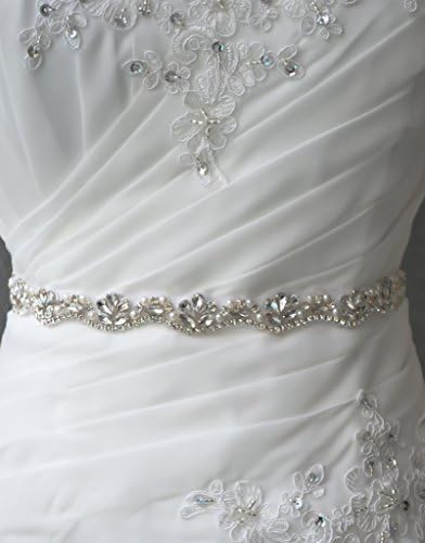 Skinny Silver Rhinestone and Bead Sash Belt for Wedding Dress