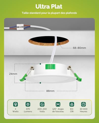 Fondiiz Pack of 20 68mm LED Recessed Spotlight 4W Warm White 3000K Neutral White 4500K Cool White 6000K Adjustable, IP44 Recessed Bathroom Lighting Energy Saving for Kitchen