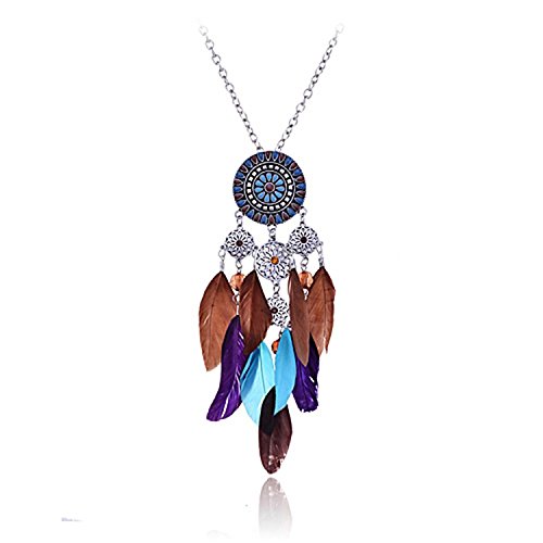 Lureme Women Silver Tone Native American Dream Catcher Colorful Feather Pendant Necklace