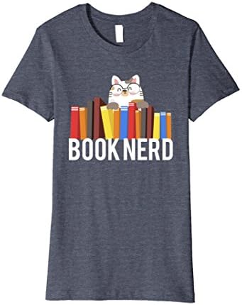 Womens Book Nerd, Cat with Glasses, Cute, Funny, Geek Tee Shirt Medium Heather Blue