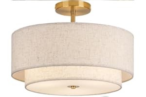 16" Semi Flush Mount Ceiling Light Fixture,Modern Close to Ceiling Light, 3-Lights Gold Drum Ceiling Light with Linen Fabric 