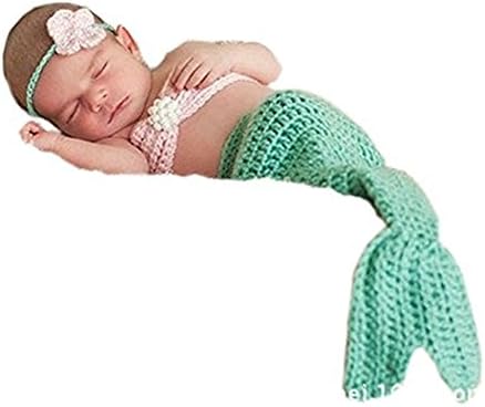 Dalai Newborn Baby Photography Prop Crochet Mermaid Headband Bra Tail Blue