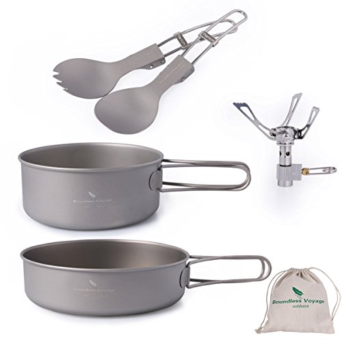 iBasingo Titanium Pot Pan Spoon Spork Mini Stove Sets Outdoor Camping Cooking Sets With Folding Handle Ultralight Portable Dinnerware Cookware Sets for Picnic Travel(5-piece sets)