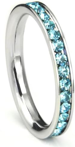 316L Stainless Steel Aqua Light Blue Cubic Zirconia CZ Eternity Wedding 3MM Band Ring