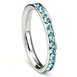 316L Stainless Steel Aquamarine Light Blue Cubic Zirconia CZ Eternity Wedding 3MM Band Ring