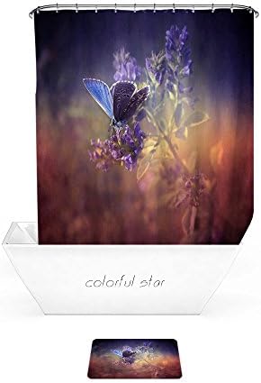 Colorful Star Purple Butterfly Design Shower Curtain Polyester Fabric Machine Washable Waterproof Bathroom Curtain with Hooks 72" W x 72" L