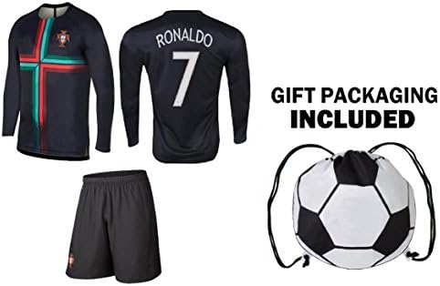 PFC Ronaldo Jersey Portugal Away Long Sleeve Kids Soccer Cristiano Ronaldo Jersey Soccer Gift Set Youth Sizes ✓ Premium Quality ✓ Soccer Backpack Gift Packaging (Youth Medium (8-10 Years Old))