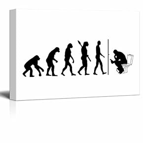 Human Evolution Canvas Wall Art - Human Evolution Comes to an Awkward Stage with Man Reading Smartphone on Toliet - Gallery Wrap Bathroom Wall Decoration | Ready to Hang - 12x18 inches