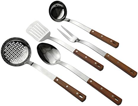 Home Kitchen Utensils 5-Piece Set of Classic Designed Wood Handle Cooking Accessories by Unique Effects Made of High-Grade FDA Tested Stainless Steel with Mirror Finish Polishing