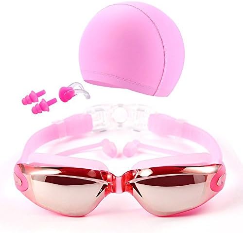 LOYEH Swim Goggles with Cap, Swimming Goggles with Free Protection Case No Leaking Anti Fog UV Protection Triathlon Goggle with Nose Clip and Ear Plugs for Adult Men Women Girls Youth (Pink)