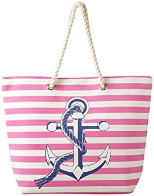 Eshma Mardini Striped Canvas Beach Bag Anchor Design - Tote Bag - Pink