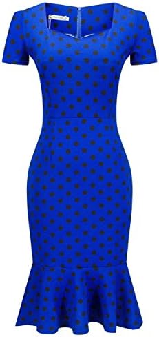 Betusline Women's Fashion Short Sleeve Dress Pencil Plaids Mermaid Blue