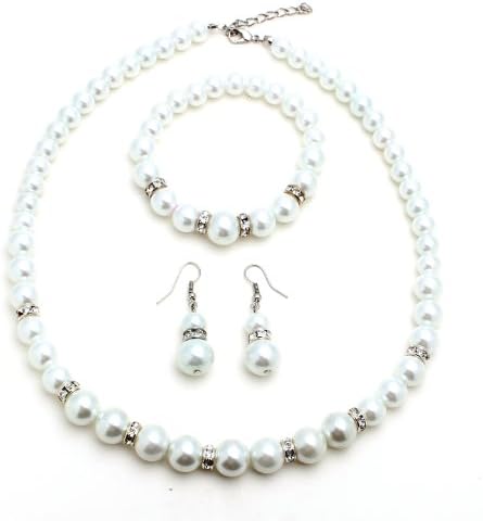 Bleek2sheek White Glass Pearl Bead and Crystal Rhinestone Jewelry Set