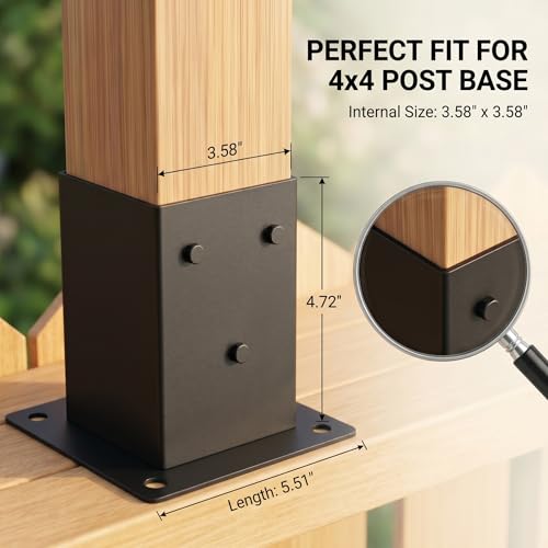 ORIGLE 4×4 Post Base 4Pack, Inner Size 3.6"x3.6" Post Brackets, Heavy Duty Powder-Coated Post Anchor Matte Black Wood Post Brackets for Pavilion Deck Railing