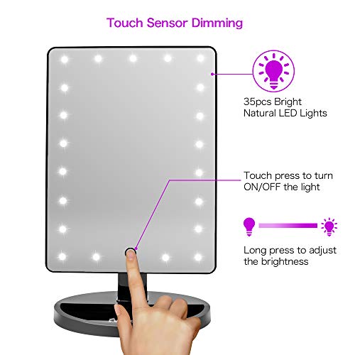 Vanity Lighted Makeup Mirror with 21 Led Lights Dual Power Supply, Cosmetic Desk Table Makeup Mirror with Detachable 10X Magnification, Touch Screen Light Adjustable Dimmable 180° Rotation(Black)