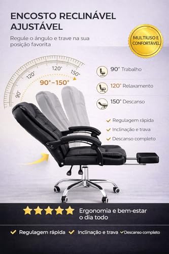 CADEIRA DE ESCRITÓRIO PRESIDENTE NR17 ERGONÔMICA 150KG RECLINÁVEL COM APOIO DE PÉS E LOMBAR HOME OFFICE